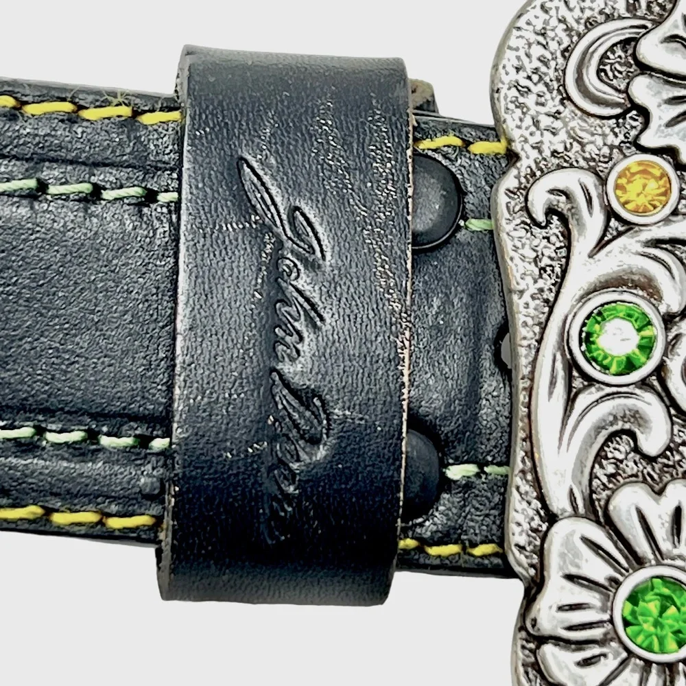John Deere women's Black Embossed Leather Belt with Rhinestone Buckle sz XL NWOT